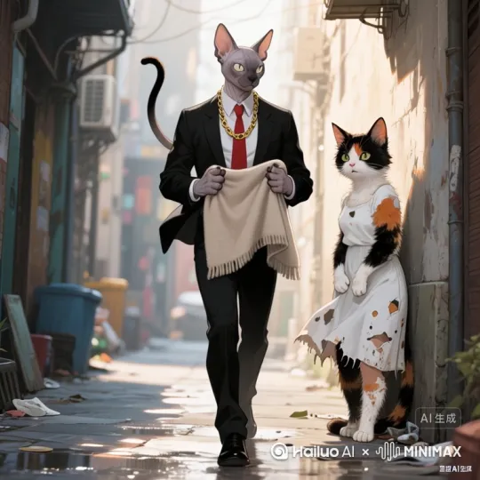 男主德文猫给蹲在角落的三花猫披上了整个毯子，然后公主横抱起了三花猫，往前面的跑车走去[拉远,上升,下摇] by Hailuo AI Video Generator
