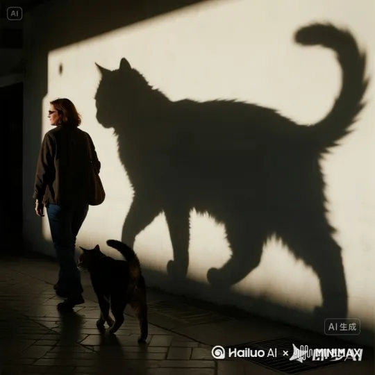 猫咪和人一起往前走，小猫在墙上的影子从小变大[推进,上升] by Hailuo AI Video Generator