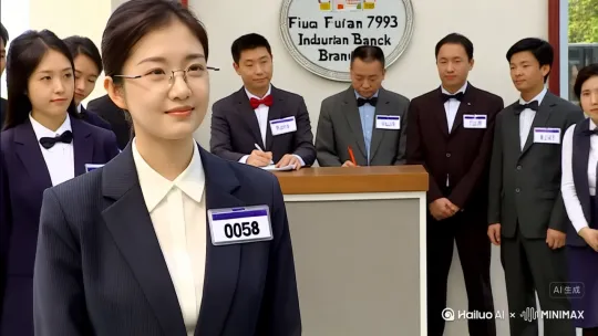 画面是92年初，福建省一个小城镇，新开张了一家银行，福建兴业银行分理处，柜面极其简单，统共13个人，包括行长，开晨会，13个人开晨会
全员穿制服，男的穿西装打领结，女的西装裙佩戴工号，画中美女是0058 by Hailuo AI Video Generator