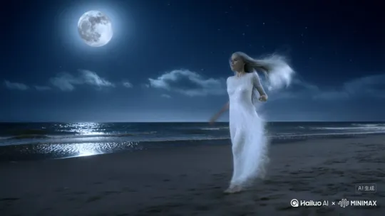 月光女神，美丽的月夜在海边奔跑 by Hailuo AI Video Generator