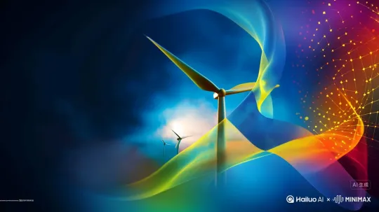 Modern and dynamic exhibition main visual poster, with a style reflecting the theme: 'Harnessing Wind, Storing Power, Expanding Blue Seas, Renewing Materials, Creating the Future'. Emphasizing wind energy, energy storage, and market expansion, incorporating visual elements of future material innovation. The design should feature a harmonious yet powerful rhythm, conveying dynamism and energy. It uses modern, minimalist typography, integrating abstract elements representing wind, energy, and innovation. Bold color contrasts and lighting effects emphasize the future-oriented theme. The visual focus is centered, aligning with the exhibition's cutting-edge technology theme. high detail, cinematic, 4K by Hailuo AI Video Generator