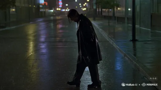 一个人在下雨的夜晚独自溜达，表现出很无奈无助。 by Hailuo AI Video Generator