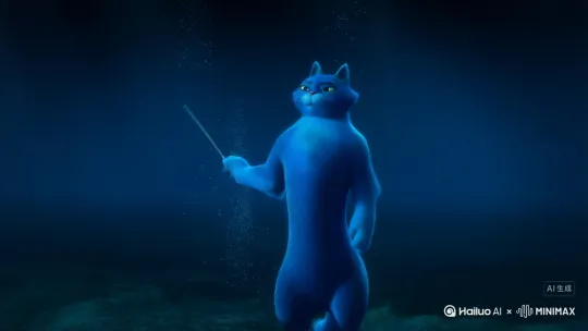 anthropomorphic blue cat, full body, cerulean blue fur, expressive eyes, standing upright, waving a conductor's baton energetically, underwater, deep ocean environment, surrounded by shimmering blue by Hailuo AI Video Generator