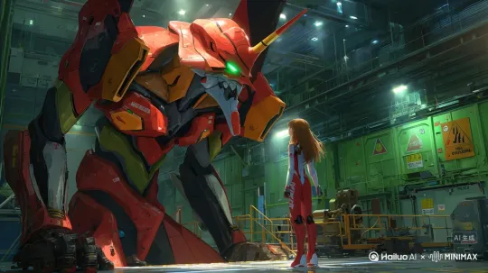 This is a 3D rendering of the interior of the hangar in Neon Genesis Evangelion, in which a huge red and orange biomechanical robot (EVA Unit 2) is wearing angular armor, flashing green eyes, and a horned helmet. It stands tall, covered in scars, and dust slowly floats around it. In the foreground, a young woman (Asuka) in a red and white protective suit stands on a mechanical platform, staring at the robot, her hair slowly flying. by Hailuo AI Video Generator