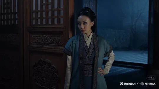 白狐化人，由远及近依门而立，古典中式女性，眼神魅惑，视角由全身到脸部特写，继而转向右侧，望向窗外，月光洒地[左移,右摇,跟随] by Hailuo AI Video Generator