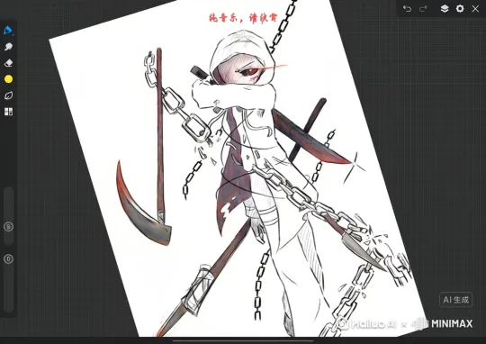颜色补充完整并形成人物一刀砍断面前铁链的动画 by Hailuo AI Video Generator