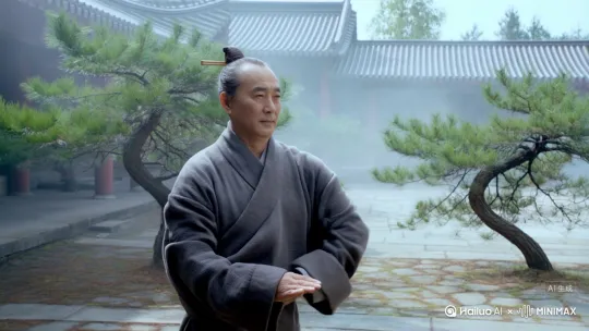 全景:中年道士立于道观庭院,青松掩映,薄雾弥漫。镜头推进至上半身特写:身穿麻布灰袍,头束木簪发髻,眼神沉静。起势后做太极拳云手——左臂由腹前向右上划弧至肩高,掌心向内;同时重心右移,左脚轻收半步。接着腰部左转,右臂经头前向左划弧,右脚侧开一步,道袍下摆随步飘动。慢镜头特写手掌翻转瞬间,收势定格于马步双按掌。中国风工笔画质感,柔光滤镜,1280x720分辨率。 by Hailuo AI Video Generator