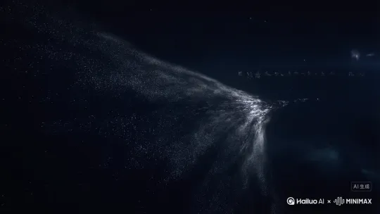 0-5 秒：深邃宇宙背景，无数光点组成的三体舰队如黑色潮水推进，镜头拉远露出舰队全貌，右上角浮现一行扭曲的三体文字 “清除”。画外音（冰冷机械音）：“科学已死，文明将焚”。 by Hailuo AI Video Generator