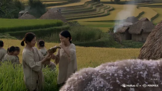 Part 3：桃源盛景（反差萌点睛）

画面：

广角镜头：稻田金绿波浪与茅屋炊烟的治愈感，突然前景闯入毛茸茸猫屁股（尾巴问号占1/3画面）。

村民设计：麻布衣打补丁，但孩童鱼干用嫩叶精心包裹（古朴中的温柔）。

AI提示词： 猫尾问号弯曲弧度参考"?"符号   村民哑剧式夸张表情交流   猫毛沾满花瓣如糖霜 by Hailuo AI Video Generator