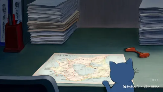 Part 6：迷失无迹（荒诞现实感）

隐喻画面：

太守府场景：公文堆积的案桌前，蓝猫立爪拍地图（爪印盖住"武陵"字样）。

爪痕消失：树干愈合处新生树皮呈爪形凸起（自然吞噬痕迹）。

刘子骥迷路：船在溪流转圈，水面桃花聚成漩涡（超现实预警）。

AI提示词： 官僚场景冷色调 vs 桃源暖光   树皮愈伤组织生物特写   漩涡花瓣动态粒子效果 by Hailuo AI Video Generator