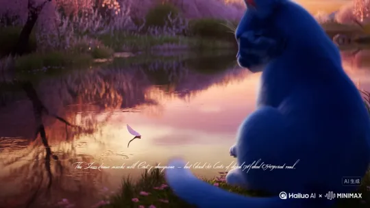 art 7：结尾余韵（开放脑洞）

双重解读暗示：

现实版：夕阳下蓝猫尾巴拍水，涟漪中偶现一瓣桃花（转瞬被溪流卷走）。

奇幻版：猫瞳倒影忽然闪现村民招手（0.5秒逐帧彩蛋）。

字幕革新：

「爪痕会消失，

而鳕鱼干的滋味是真的。」

——《猫的桃花源法则》

AI提示词： 水面镜面折射扭曲桃源   瞳孔倒影做动态高斯模糊   片尾字幕毛笔字晕染效果 by Hailuo AI Video Generator