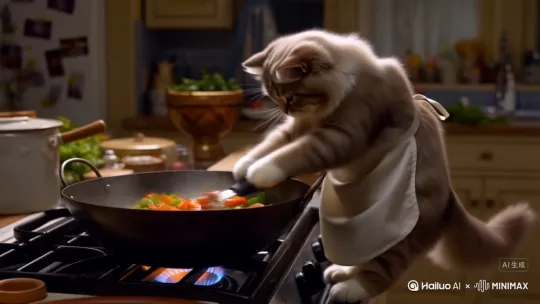 可爱的猫咪穿着围裙，认真地在铁锅做饭，炒菜，忙得焦头烂额，不易乐乎。[左移,推进,右摇] by Hailuo AI Video Generator