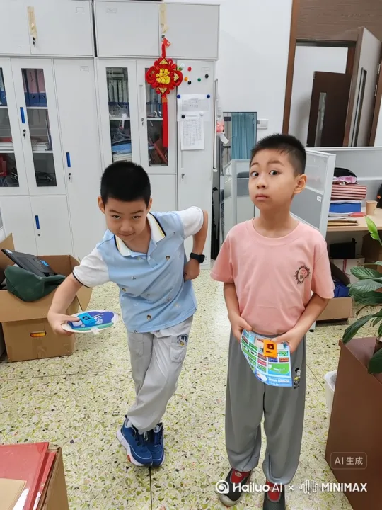 两个小朋友身体不变，他们俩的头都变成可爱的小妖怪，变化自然一些。然后他们手拉手转起了圈。 by Hailuo AI Video Generator