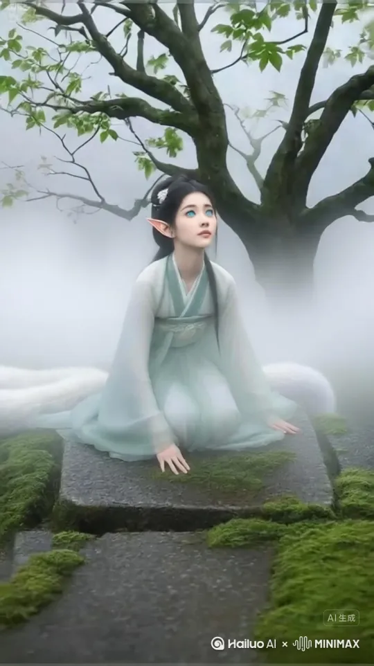 镜头慢慢拉近 烟雾缭绕 女子站立，长裙飘逸 同时九条白色尾巴在身后缓缓舒展，冰蓝色瞳孔转向镜头，嘴角勾起浅笑（眼神清冷又带魅惑） by Hailuo AI Video Generator