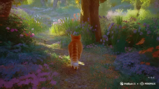 高清摄像机拍摄，可爱的橘猫，在花园里走路，背对着镜头，周围都是花草树木，橘猫好像在寻找宝藏，
画面风格：莫奈风格，超现实主义
镜头跟随拍摄 by Hailuo AI Video Generator