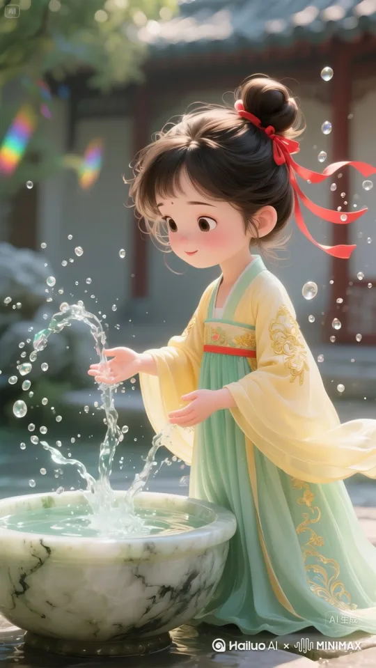小女孩的手指在清泉中快速搅动，水珠不断飞溅而出。镜头从侧面快速拉近，聚焦在半空中的水珠上，捕捉水珠破碎瞬间的动态，以及破碎后又有新的水珠保持圆润的奇妙变化。随后镜头稍微拉远，展现更多水珠在空中的不同状态，最后定格在一颗即将破碎但依然圆润的水珠上，突出“琼珠碎却圆”的意境。 by Hailuo AI Video Generator