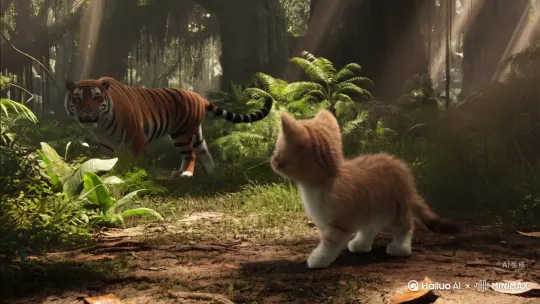 小猫小猫被老虎追[推出,上升,下摇] by Hailuo AI Video Generator