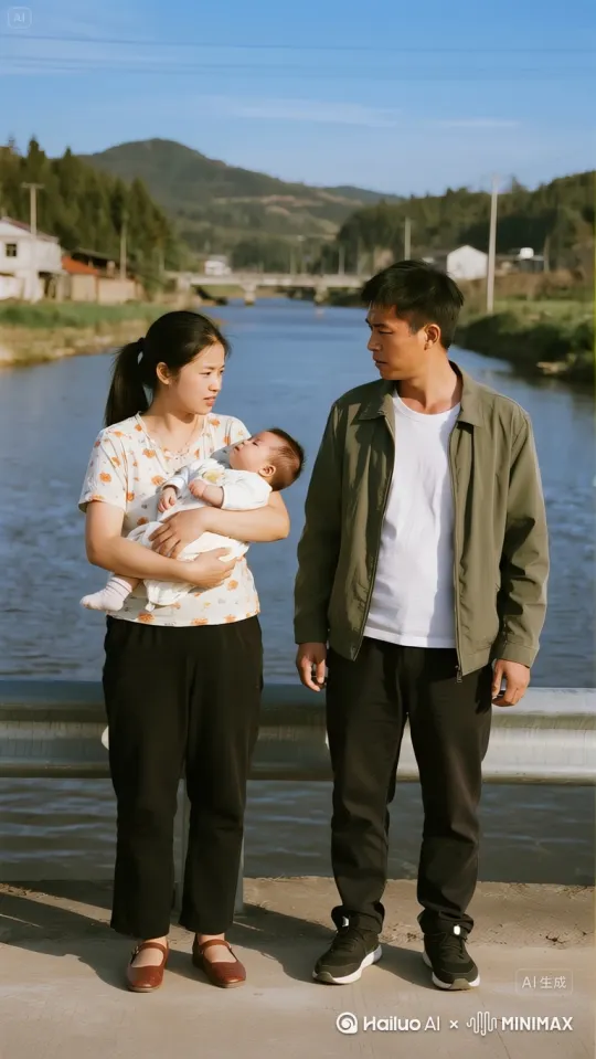 画面主体：身着现代简约服饰的年轻女性，表情决绝且冷厉，将怀中啼哭的幼儿快速推向右侧满脸怒容、眉头紧锁的男性。男性双手僵硬接过孩子，脖颈青筋暴起，嘴角下拉呈明显愤怒神态。
场景环境：河边场景，有道路，整体为现代风格。
动作细节：女性将孩子快速交给右边男性后，扭头跳入河中，在水面上跑步（呈现“轻功水上漂”效果），水面荡起波纹，动作连贯自然。然后画面转到跳上屋顶，在房子上面飞檐走壁！
特效氛围：突出轻功效果，水面波纹真实，整体画面符合现代背景下的轻功演绎。
镜头运镜：（加强优先展现女性递孩子）、跳河、水上跑步和飞檐走壁等动作，镜头切换流畅，突出“轻功水上漂”“飞檐走壁”的核心画面。 by Hailuo AI Video Generator