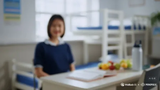 画面：镜头从模糊到清晰，展现整洁的宿舍书桌，桌上摆放着新鲜水果、运动水杯和一本翻开的课本。一名中国大学生穿着休闲服，微笑着面对镜头挥手。 by Hailuo AI Video Generator