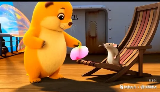 小老鼠拉着小海獭的手沿着船舱偷偷前进[左移,右摇,跟随]，这时一个高大的水手在搬运货物[下降,上摇]，小老鼠和小水獭穿过他的脚跟，[左移,跟随]，躲进船舱，来到床底下一个洞[左移,推进,右摇]，走进去是小老鼠的家，里面显得很温馨，小老鼠藏了各种神奇的东西在这个家里。[左移,上升] by Hailuo AI Video Generator