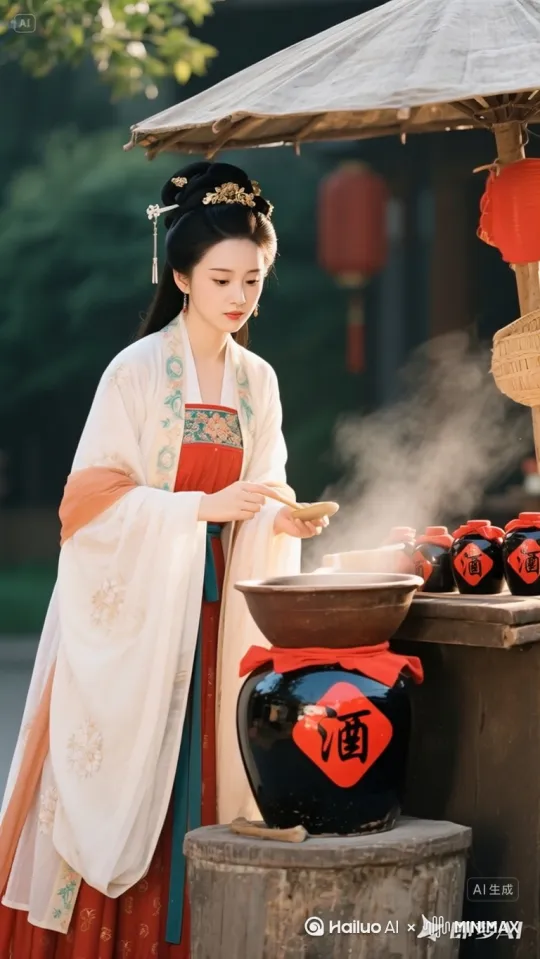 向像图中的女人拿着酒壶卖酒，里边儿吆喝卖酒了。 by Hailuo AI Video Generator