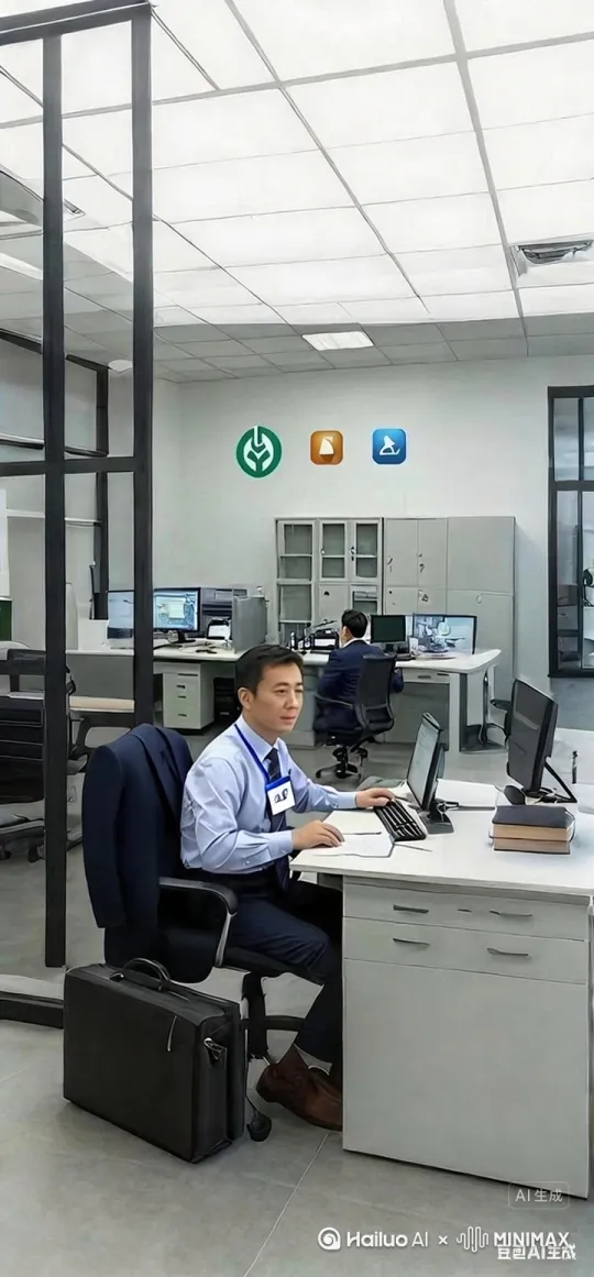 把脖子上的胸牌摘下来，放在桌子上，然后披上外套，提起箱包啊，走了出去 by Hailuo AI Video Generator