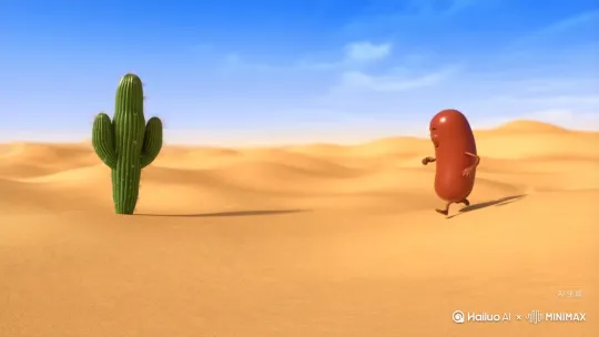 香肠人在沙漠里奔跑，然后撞到了仙人掌，很疼 by Hailuo AI Video Generator