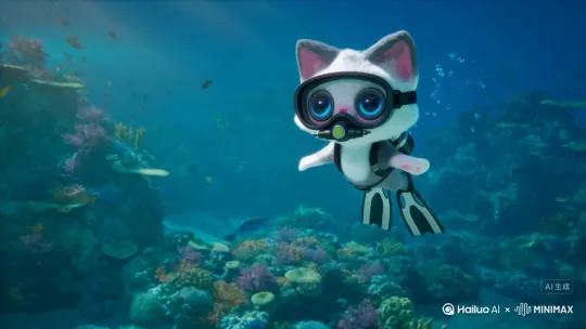 一只Labubu形象的布偶猫男生，在帕劳海底潜水。 by Hailuo AI Video Generator