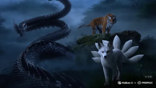 分别用九尾狐、玄龙、卧虎做一个混剪。要有神秘感。 by Hailuo AI Video Generator