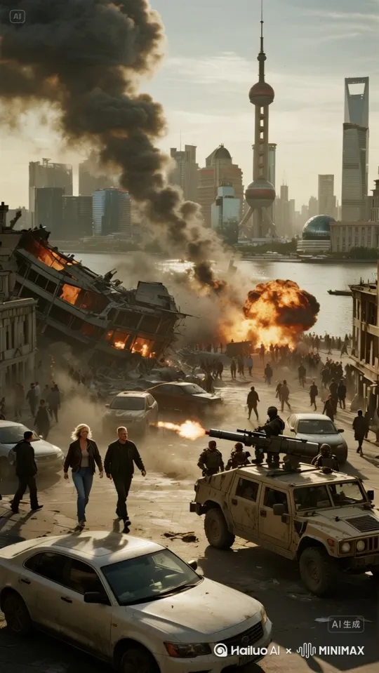 两人跑步快速逃离现场。一架飞机爆炸从天上掉下来，恐怖大爆炸场景。楼房倒塌砸向地面,地面人到处躲闪,前面的汽车也爆炸[右移,左摇,跟随] by Hailuo AI Video Generator