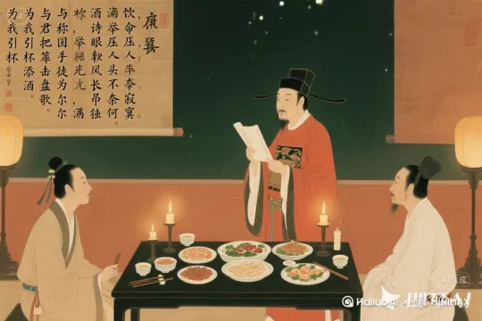 图片拿稿之人吟《醉赠刘二十八使君》。诗句内容"为我引杯添酒饮，与君把箸击盘歌。诗称国手徒为尔，命压人头不奈何。举眼风光长寂寞，满朝官职独蹉跎。亦知合被才名折，二十三年折太多。"，要把诗歌内容完整的播放出来。。 by Hailuo AI Video Generator