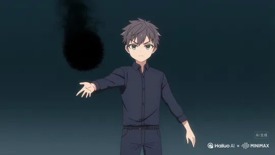 一团邪恶的黑影进入了一个Q版的帅气漫男孩的手上，随后我眼睛泛红身上围绕着红色的力量 by Hailuo AI Video Generator
