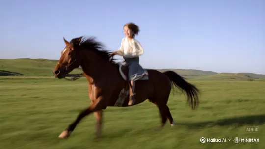 一一个天真无邪的小男孩，骑着一匹骏马在飞奔 by Hailuo AI Video Generator