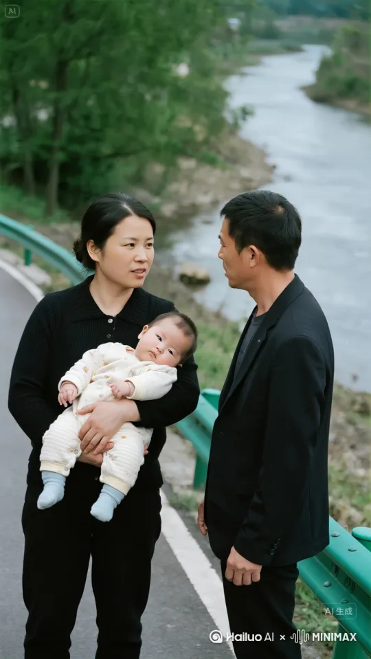 画面主体：身着现代简约服饰的年轻女性，表情决绝且冷厉，将怀中啼哭的幼儿快速推向右侧满脸怒容、眉头紧锁的男性。男性双手僵硬接过孩子，脖颈青筋暴起，嘴角下拉呈明显愤怒神态。
场景环境：河边场景，有道路，整体为现代风格。
动作细节：女性将孩子快速交给右边男性后，扭头跳入河中，在水面上跑步（呈现“轻功水上漂”效果），水面荡起波纹，动作连贯自然。然后画面转到跳上屋顶，在房子上面飞檐走壁！
特效氛围：突出轻功效果，水面波纹真实，整体画面符合现代背景下的轻功演绎。
镜头运镜：（加强优先展现女性递孩子）、跳河、水上跑步和飞檐走壁等动作，镜头切换流畅，突出“轻功水上漂”“飞檐走壁”的核心画面。高清写实风格。 by Hailuo AI Video Generator