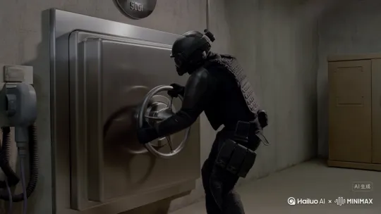 帮我帮我生成一个穿着头盔和护甲的特遣。在保险柜面前打开保险柜，从里出来一架航母。航母上有一个石膏雕像。石膏雕像上拿着电锯 by Hailuo AI Video Generator
