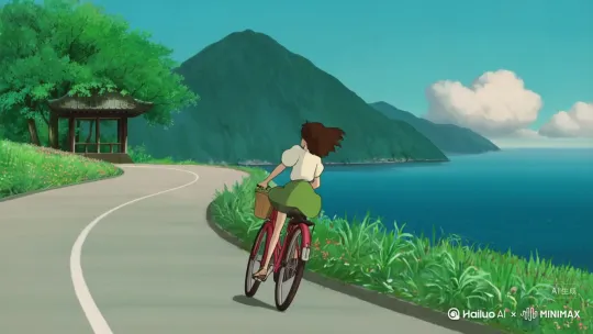镜号 景别 视角 运镜 画面内容 
1 中景 侧面45度 跟拍 16岁漂亮女孩骑着自行车在山间公路上骑行，女孩略微加快速度，头发随风飘动，山的轮廓清晰，海面上泛起波浪。 
2 近景 侧面45度 推镜 女孩骑着自行车来到公路转弯处，微微倾斜身体转弯，路边五彩野花绽放。 
3 特写 侧面45度 平移 一只蝴蝶从女孩眼前飞过，女孩露出惊喜表情。 
4 中景 侧面45度 拉镜 女孩骑着自行车靠近公路边的小亭子，停下自行车，手扶车把欣赏山海景色，亭子古色古香，周围绿树环绕。 

我即将按照分镜脚本的内容依次生成对应的4张吉普利风格图片。 by Hailuo AI Video Generator