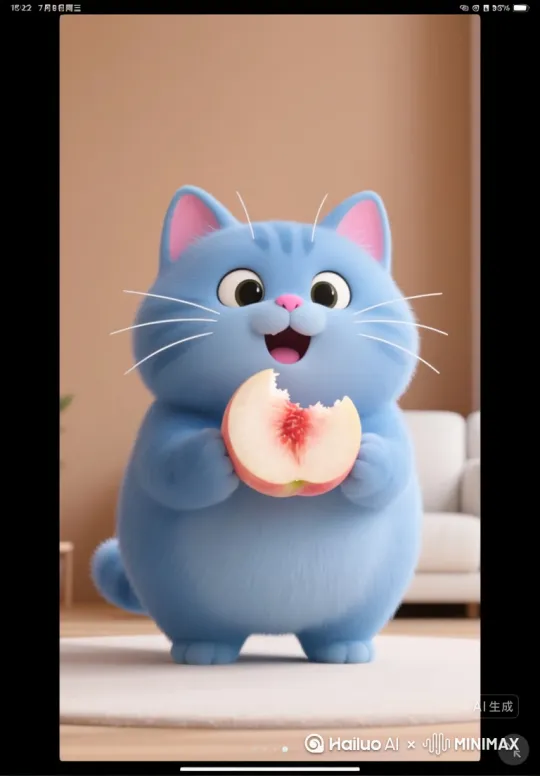 蓝色胖猫吃到水蜜桃之后很惊喜，嘴巴笑起来，开始唱歌[推出,上升,下摇] by Hailuo AI Video Generator