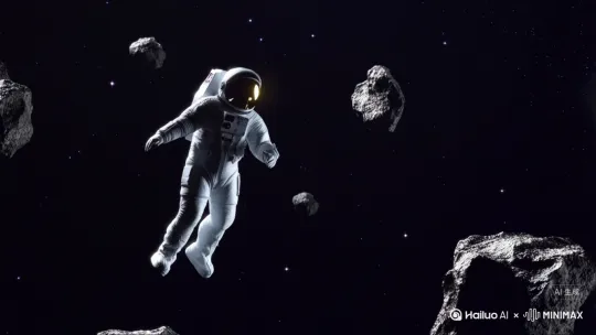 ←我穿着太空服在太空漫游，旁边有石头和星星 by Hailuo AI Video Generator