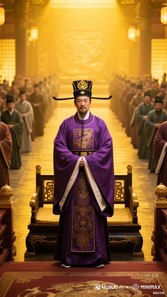 镜头推进至人物脸部，狄仁杰气宇轩昂站在宰相位置向女皇进谏，身后文武百官纷纷点头赞同。 by Hailuo AI Video Generator