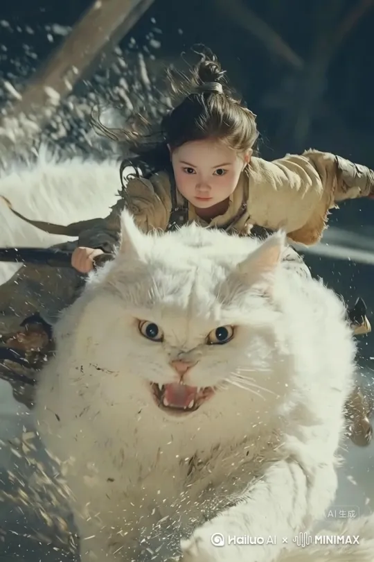 The white cat in Sasuke's outfit performs ninja tech. The cat executes hand seals with blue chakra glowing around its paws, performs a graceful backflip with manga-style speed lines, unleashes a massive fireball with dramatic flames and lighting effects, then stands confidently with a smirk as the fire fades. by Hailuo AI Video Generator