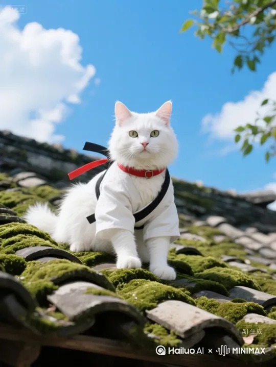 The cat crouches low，then suddenly launches straight upward with explosive force，soaring high above the frame. For a moment, silence. Then the camera tilts up -- just as the cat hangs in midair, eyes locked on the lens. With a swift motion, it reaches behind its back, pulls out a black kunai, and hurls it straigh toward the camera in one smooth, deadly arc. by Hailuo AI Video Generator