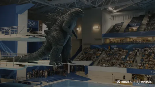 televised footage of a Godzilla is doing an acrobatic dive into a swimming pool at the olympics, from a 10m high diving board, flips and spins by Hailuo AI Video Generator