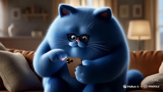 生成一个胖蓝猫人，戴着眼睛刷视频，突然把手机丢掉 by Hailuo AI Video Generator