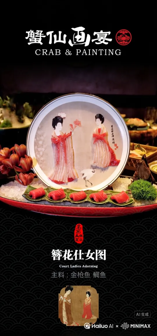 盘中两名侍女左右晃动，从盘中飞出来，在空中飞舞[跟随,拉远] by Hailuo AI Video Generator