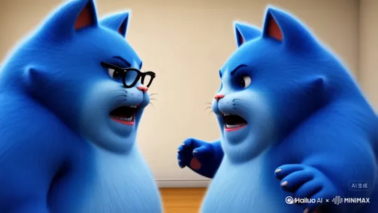 [拉远]一个带着眼睛的胖蓝猫人和另一个胖蓝猫人吵架[推进] by Hailuo AI Video Generator