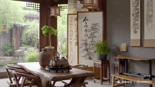- 场景主体:中式传统建筑室内茶室,大玻璃窗可看庭院景致
- 室内布置:原生态木质茶台,台上摆放古朴陶制花瓶、中式茶具,搭配不规则造型木质座椅 ,室内有中式屏风、字画装饰,摆放绿植盆栽
- 室外景观:中式古建筑庭院,树木葱郁,有石头点缀,细雨飘落
- 光线氛围:柔和自然光线,营造静谧、闲适、禅意的氛围 by Hailuo AI Video Generator