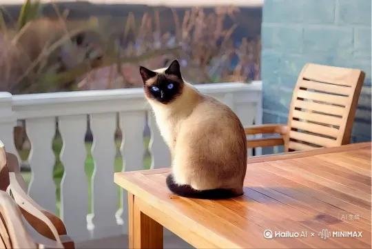 栏杆外的枯叶堆被微风吹得轻颤。这个猫尾尖一挑，三枚完整的枯叶应声跃起，被尾尖卷成锋利的三角刃。它猛地弓背弹起，身体在空中拧出一道弧线，尾尖带着叶刃划出金色轨迹（枯叶反射日光），“笃笃笃” 三声钉入木桌边缘的木纹凹槽。叶刃插入的地方渗出细碎金粉，与桌面的木屑混在一起，边缘还在微微震颤，仿佛仍带着甩击时的力道。猫落回桌面时，尾尖轻扫叶刃，其中一枚突然化作粉末，另两枚则嵌在木纹里，成了天然的标记。 by Hailuo AI Video Generator