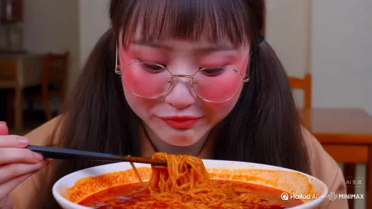 生成一位女生，扎着双马尾齐刘海，戴着眼镜吃火鸡面，被辣哭，皮肤白，大眼睛双眼皮，脸要微醺的那种红，要有吃火鸡面的声音 by Hailuo AI Video Generator