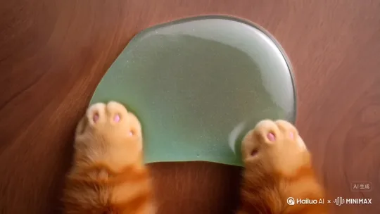 帮我生成一个视频：一双可爱的小猫爪子在在桌子的正前方玩浅绿色透明的起泡胶，小爪子很可爱，是橘猫的爪子，爪子胖嘟嘟的，小爪子在上面按了几下按出了小猫爪印，两只爪子拉起起泡胶盖了一个晶莹剔透的泡泡，起泡胶很透明，没有气泡，在桌子上面玩，只露出小爪子，有声音比例 1:1。 by Hailuo AI Video Generator