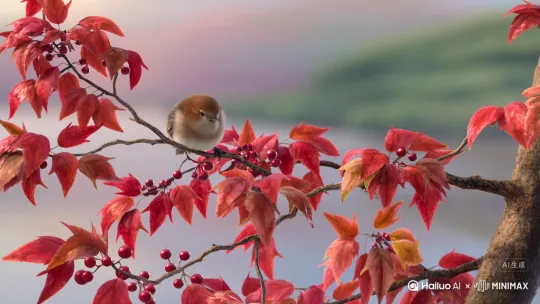 镜头切换到动画风格的画面，一只鸟儿先后停在挂满红叶和果实的树枝上，随后在不同季节的场景中展现：樱花树、竹林等，传递时间流转与生命循环的主题。 by Hailuo AI Video Generator